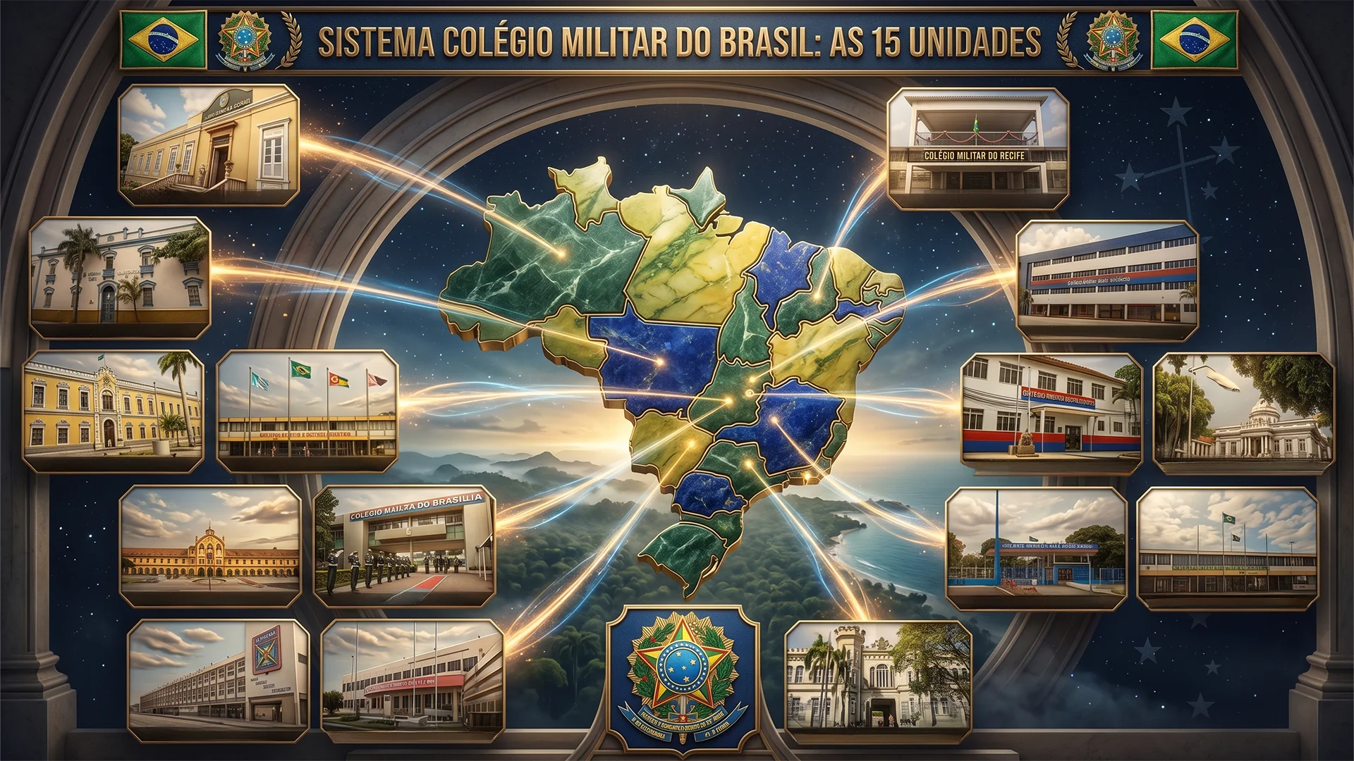 Mapa do Brasil destacando as 15 unidades do Sistema Colégio Militar do Exército, com imagens das escolas distribuídas pelas diferentes regiões do país.